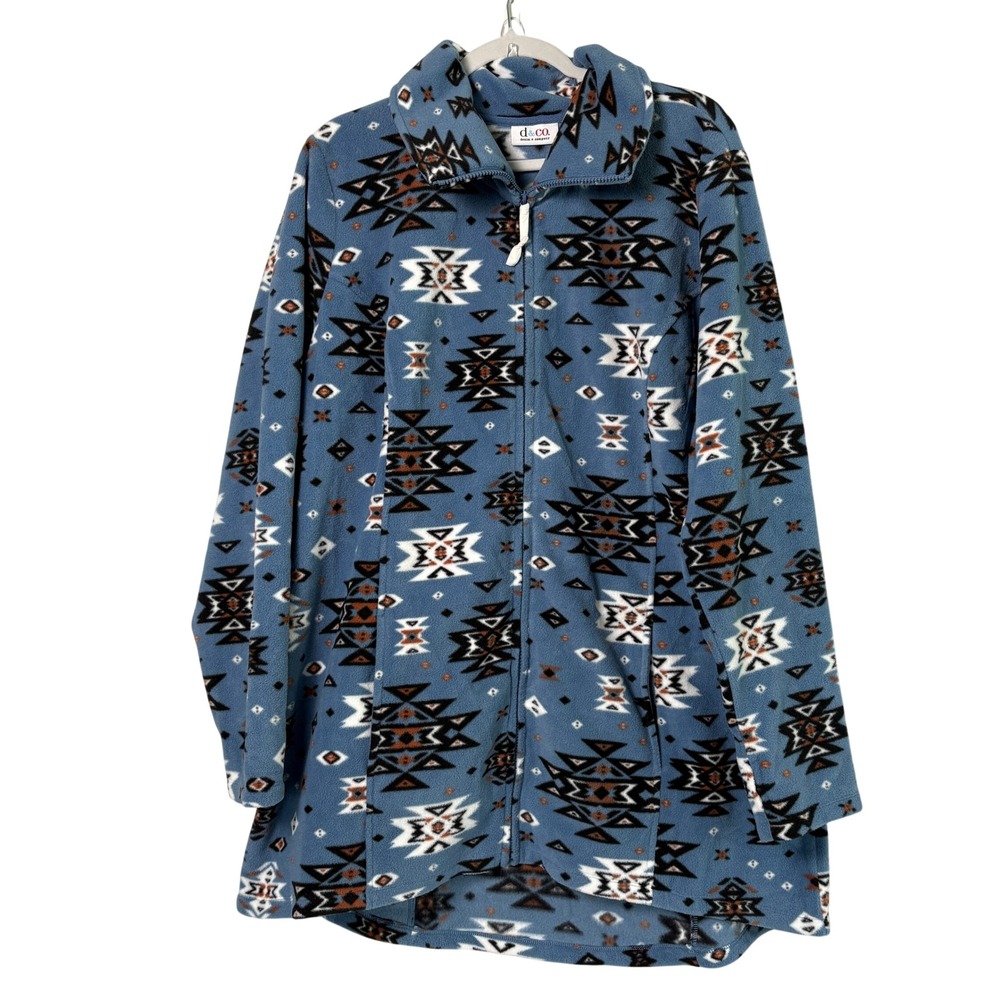 Denim & Co Fleece Jacket Womens 1X Blue Southwestern Aztec Full Zip A370176 NWOT